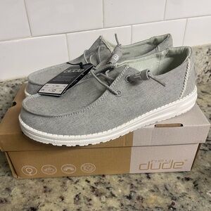 new Hey Dude Men's Gray Casual Boat Shoes Wendy Chambray Braid Grey Size 8